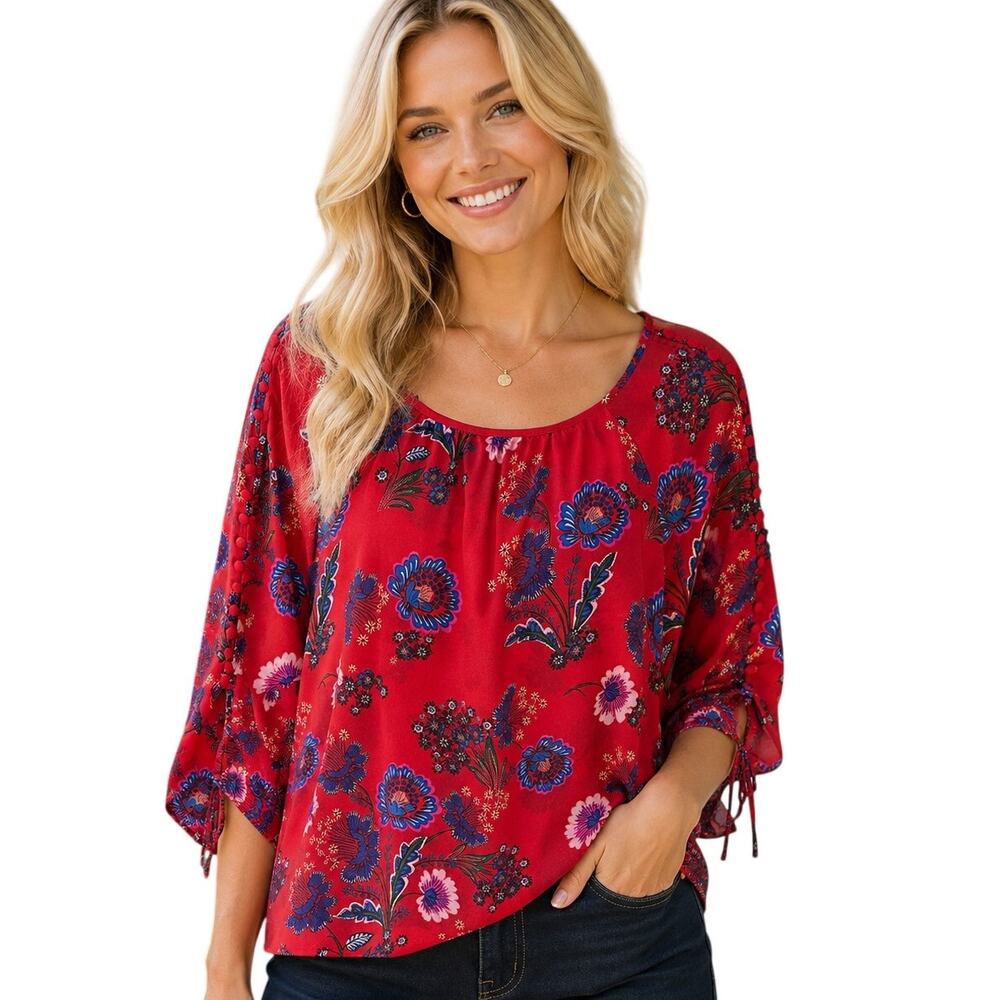 Zac & Rachel Floral Top Womens Large Red Multicolor Button & Tie Sleeves Blouse